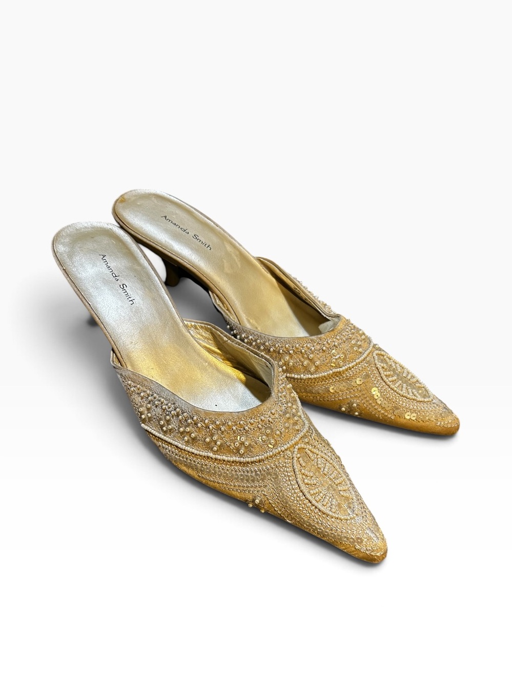 Y2K Amanda Smith Majestic Cream Beaded Slip-On Mules with Low Kitten Heel 8.5